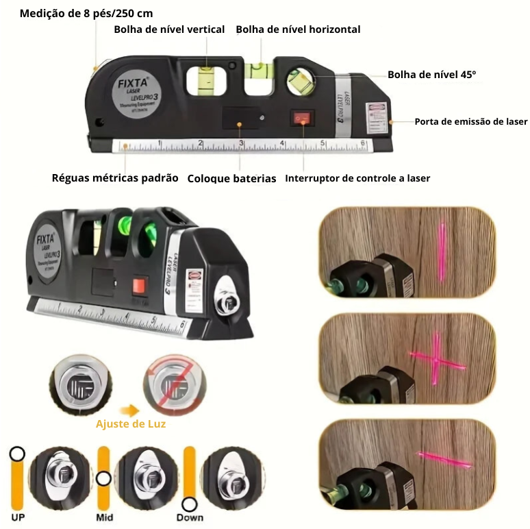 Kit Nível a Laser 3 em 1 com Régua de 8 Pés