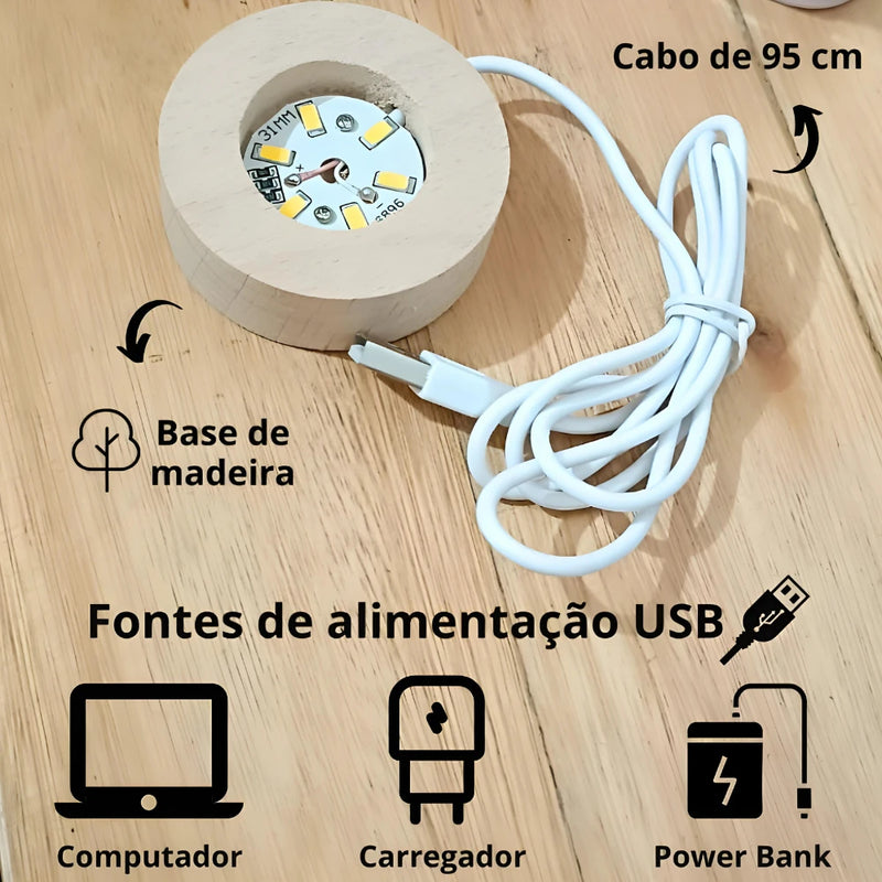 Luminária Cristal LED Base De Madeira - Decoração