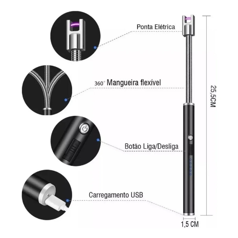 Acendedor Elétrico De Fogão, Velas e Churrasqueira - Recarregável USB